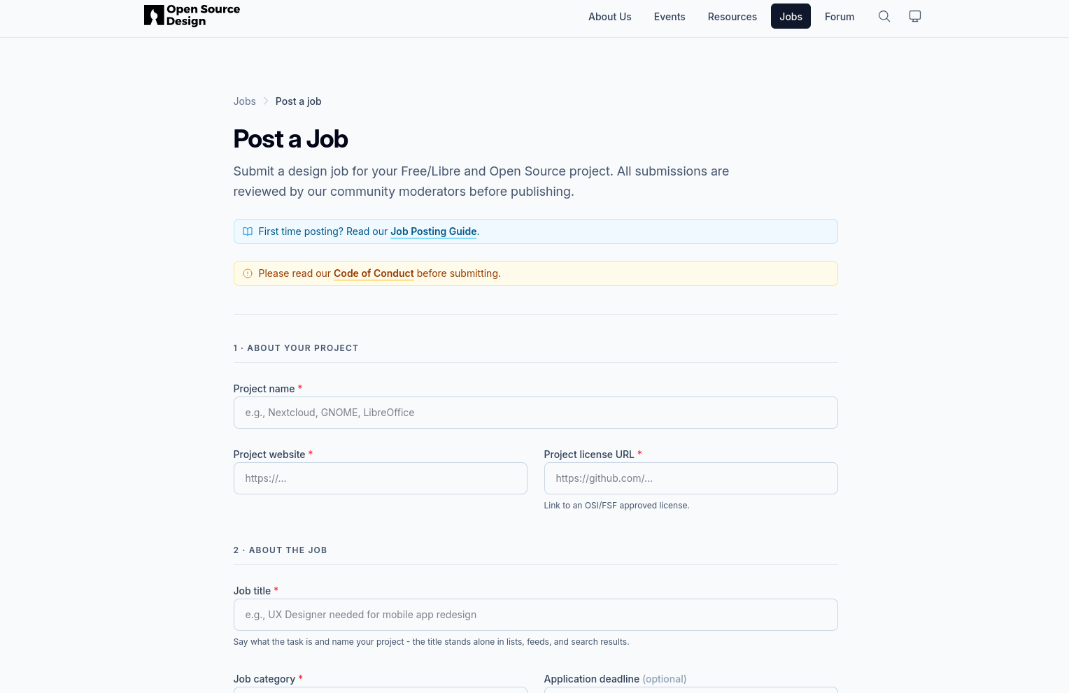 screenshot of open source design job submission form