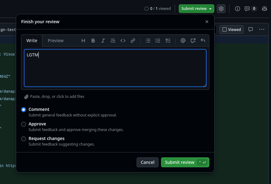 screenshot of submit comments dropdown and a comment saying looks good to me
